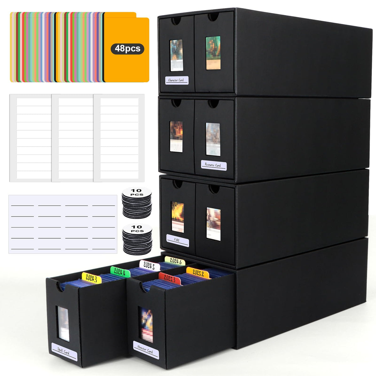 AOBOPLE Karten Box für 12000+ Trading Card,Sammelkarten-Aufbewahrungsbox mit 48 Kartenteiler,Etiketten Klebeband und Schubladen,Sammelkarten Box Trading Card Box für TCG,MTG,PTCG,Sports Karten