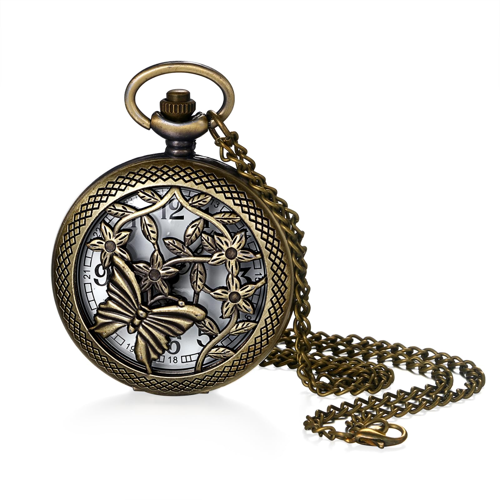 JewelryWe Taschenuhr Herren Damen Vintage: Retro Analog Quarz Kettenuhr Uhr Umhängeuhr mit Halskette Kette Pocket Watch Bronze Unisex Geschenk