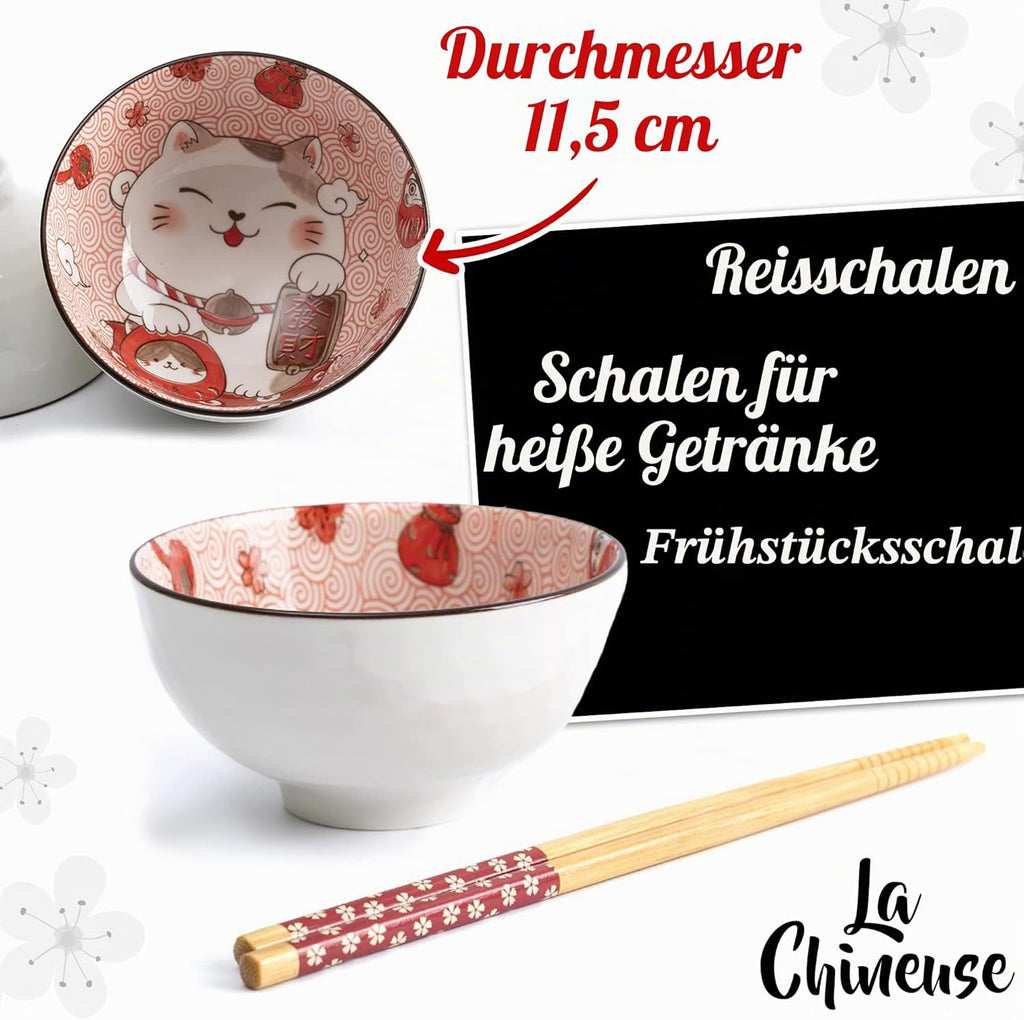 Lachineuse - 2er Set Maneki Neko-Schalen – Müslischalen, Reisschüsseln, Suppenschalen – Japanisches Geschirr aus Porzellan – Geschenckset mit Essstäbchen – Katze Glücksbringer – Japan China Kawai Deko