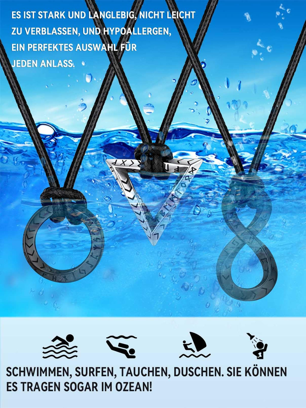 FaithHeart Lederkette Herren Damen Leder Halskette Männer Kette mit Runen Anhänger Edelstahl Lederband mit Mobius Rund/Dreieck/Unendlichkeit Kunstleder Lederhalsband verstellbar Wikinger Schmuck