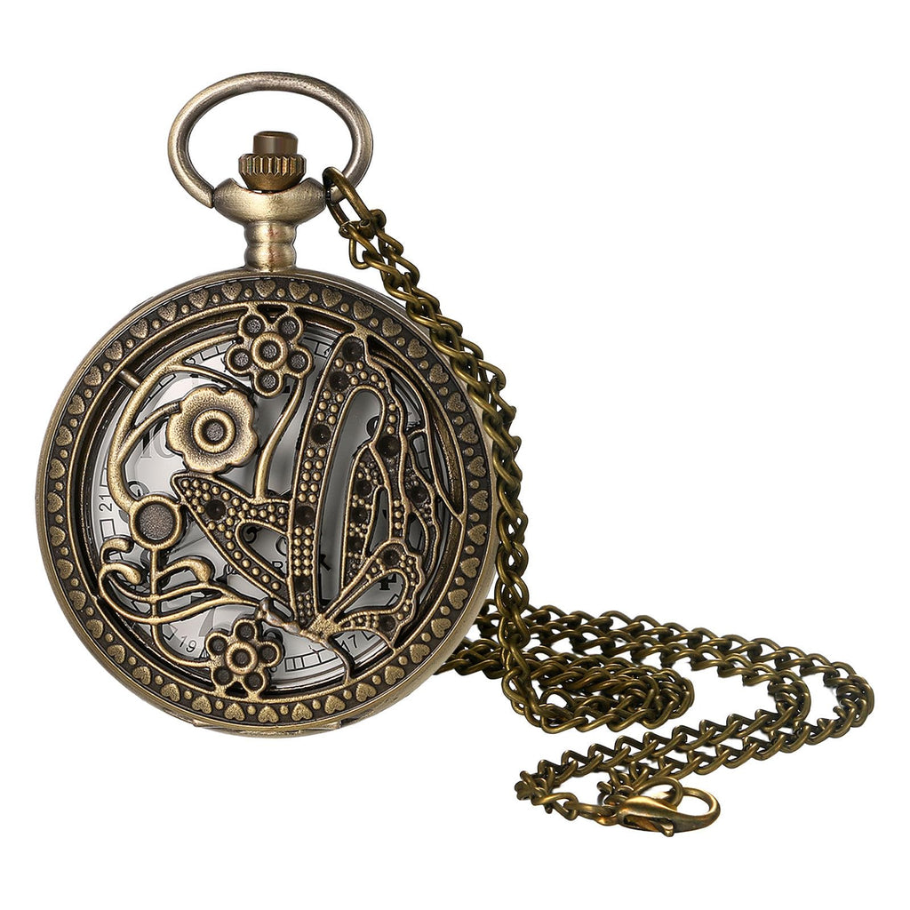 JewelryWe Taschenuhr Herren Damen Vintage: Retro Analog Quarz Kettenuhr Uhr Umhängeuhr mit Halskette Kette Pocket Watch Bronze Unisex Geschenk