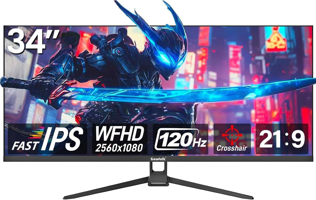 Gawfolk UltraWide Monitor 34 Zoll IPS, Gaming PC Bildschirm 120Hz DFHD(2560×1080P), 21:9 Rahmenloses Computerbildschirm mit FreeSync, HDMI, DisplayPort, VESA 75 * 75mm, Schwarz