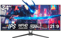 Gawfolk UltraWide Monitor 34 Zoll IPS, Gaming PC Bildschirm 120Hz DFHD(2560×1080P), 21:9 Rahmenloses Computerbildschirm mit FreeSync, HDMI, DisplayPort, VESA 75 * 75mm, Schwarz