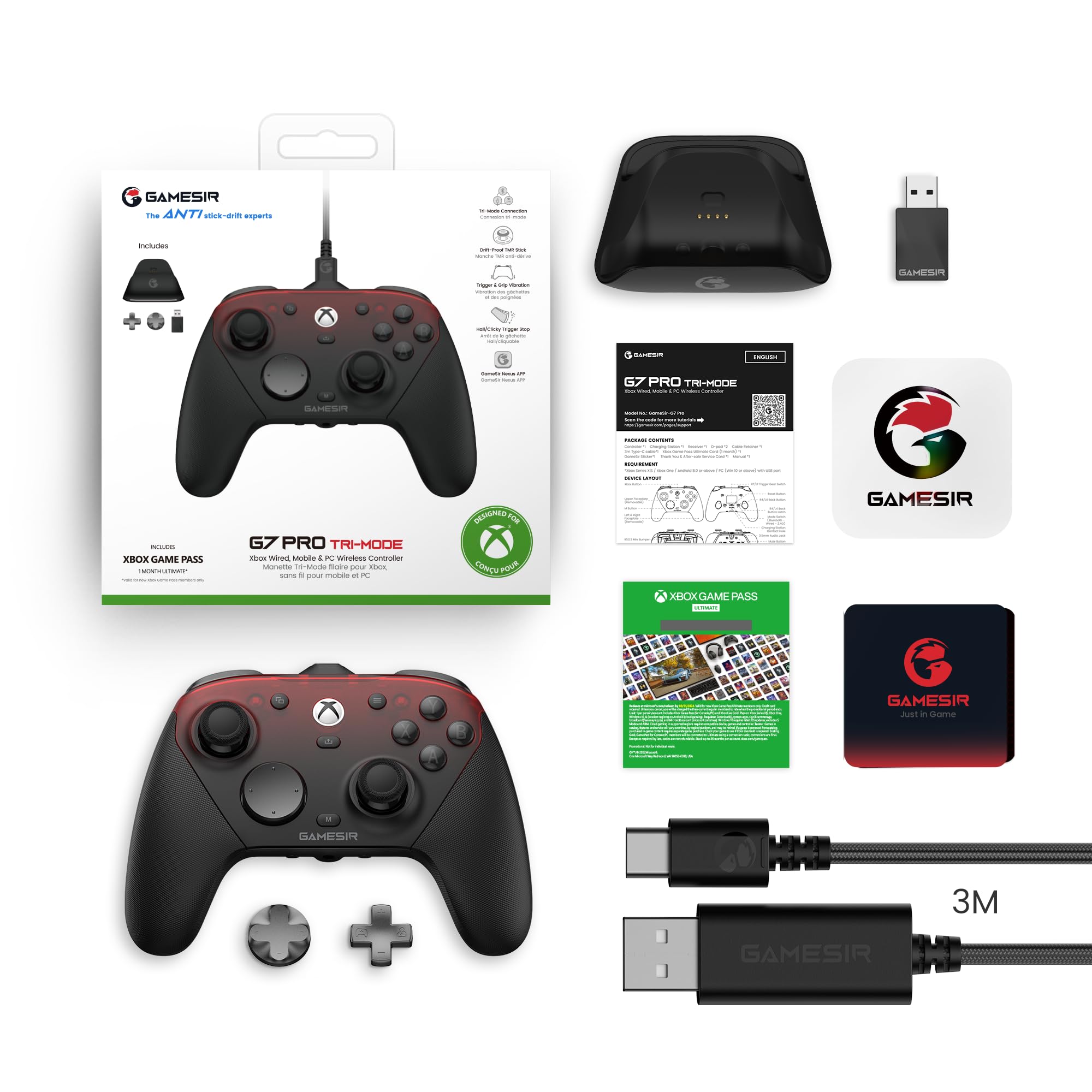 GameSir G7 Pro 1000Hz Controller mit Ladestation für Xbox Series X|S, Xbox One, Windows 10/11 & Android – TMR Joysticks, verstellbare Trigger & 4 programmierbare Tasten – Shadow Ember