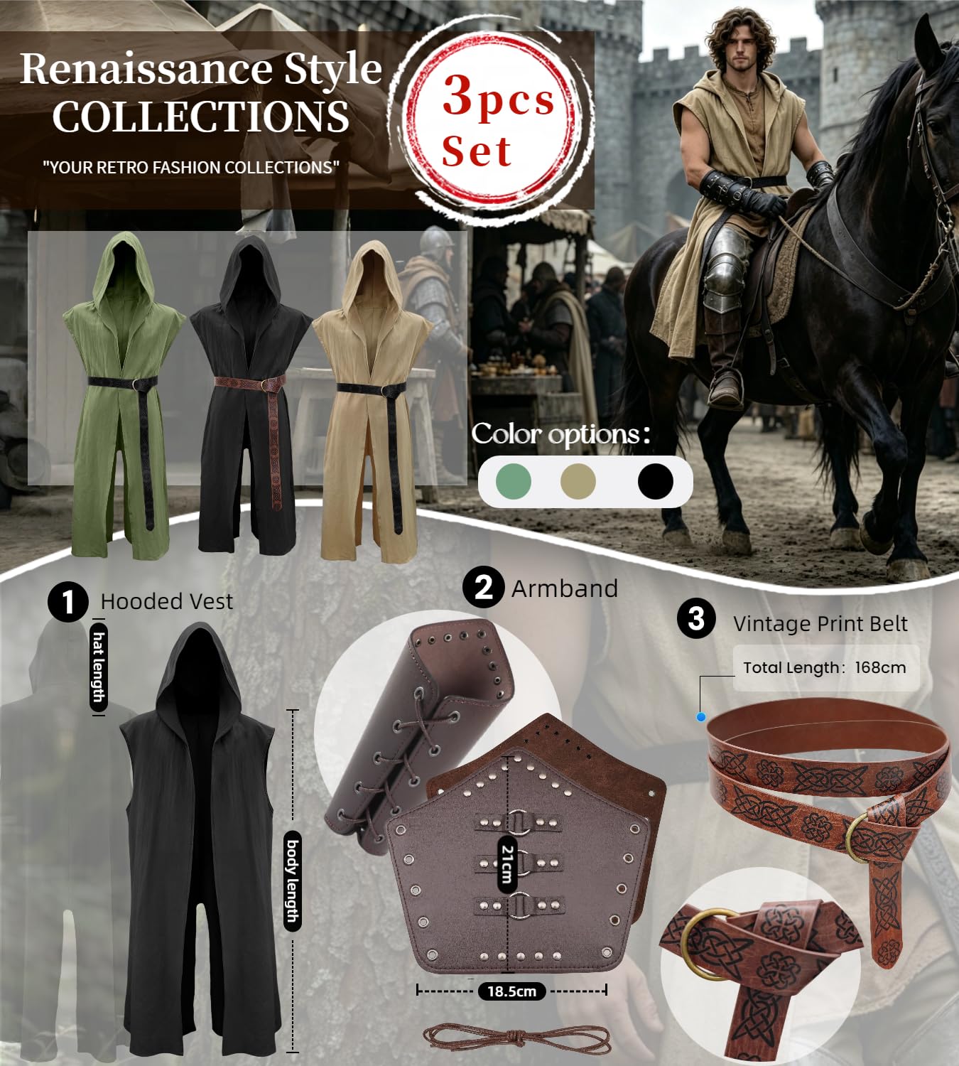 kasahara Mittelalter Kleidung Herren Set, Ärmellose WESTE Umhang mit Kapuze Renaissance Kostüm Damen Wikinger Ritter Outfit für Halloween Karneval Unisex Erwachsene Faschingskostüme