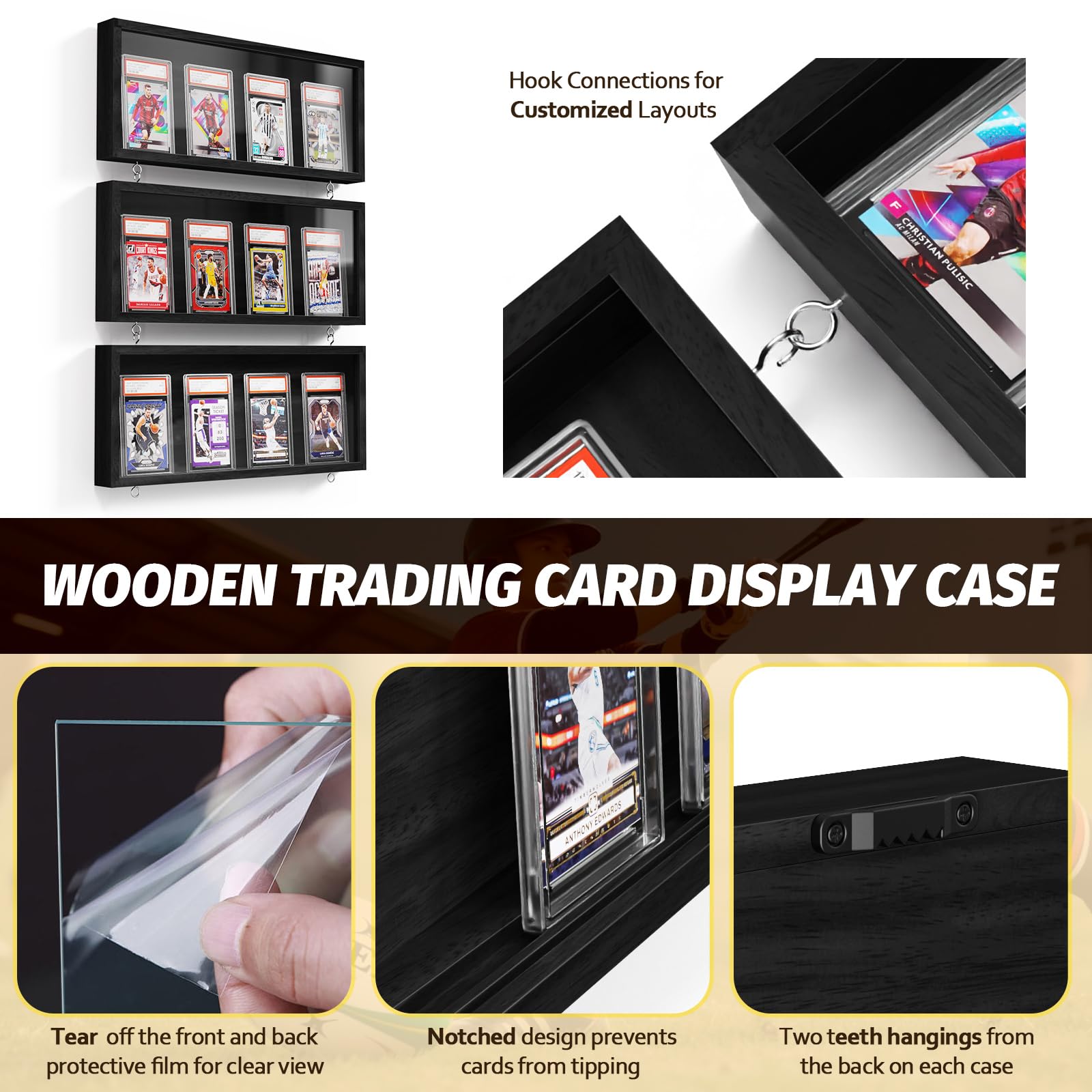 Sammelkarten Display Rahmen Wandmontage, 1er Pack Holz Sportkarten-Vitrine mit Transparent HD, Kartenrahmen Display für Sportkarten & Sammelkarten (Schwarz)