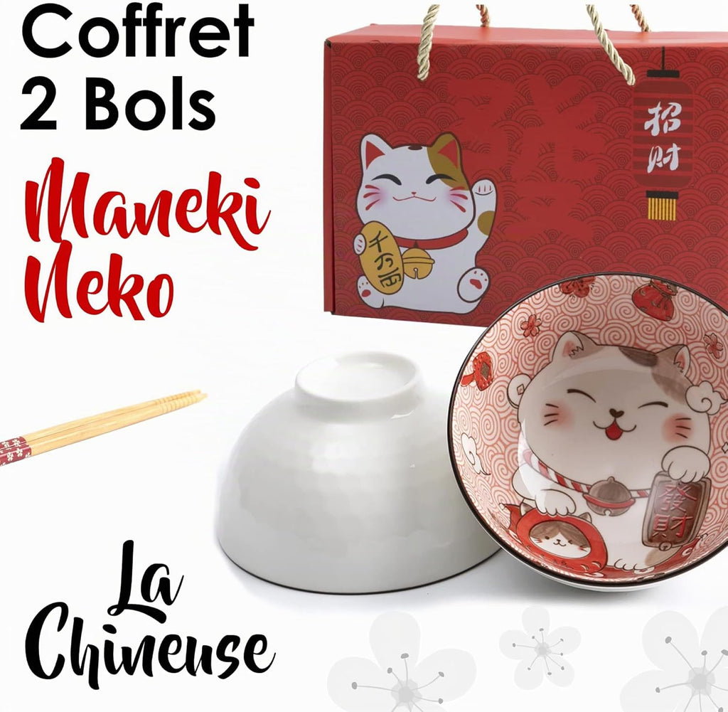 Lachineuse - 2er Set Maneki Neko-Schalen – Müslischalen, Reisschüsseln, Suppenschalen – Japanisches Geschirr aus Porzellan – Geschenckset mit Essstäbchen – Katze Glücksbringer – Japan China Kawai Deko