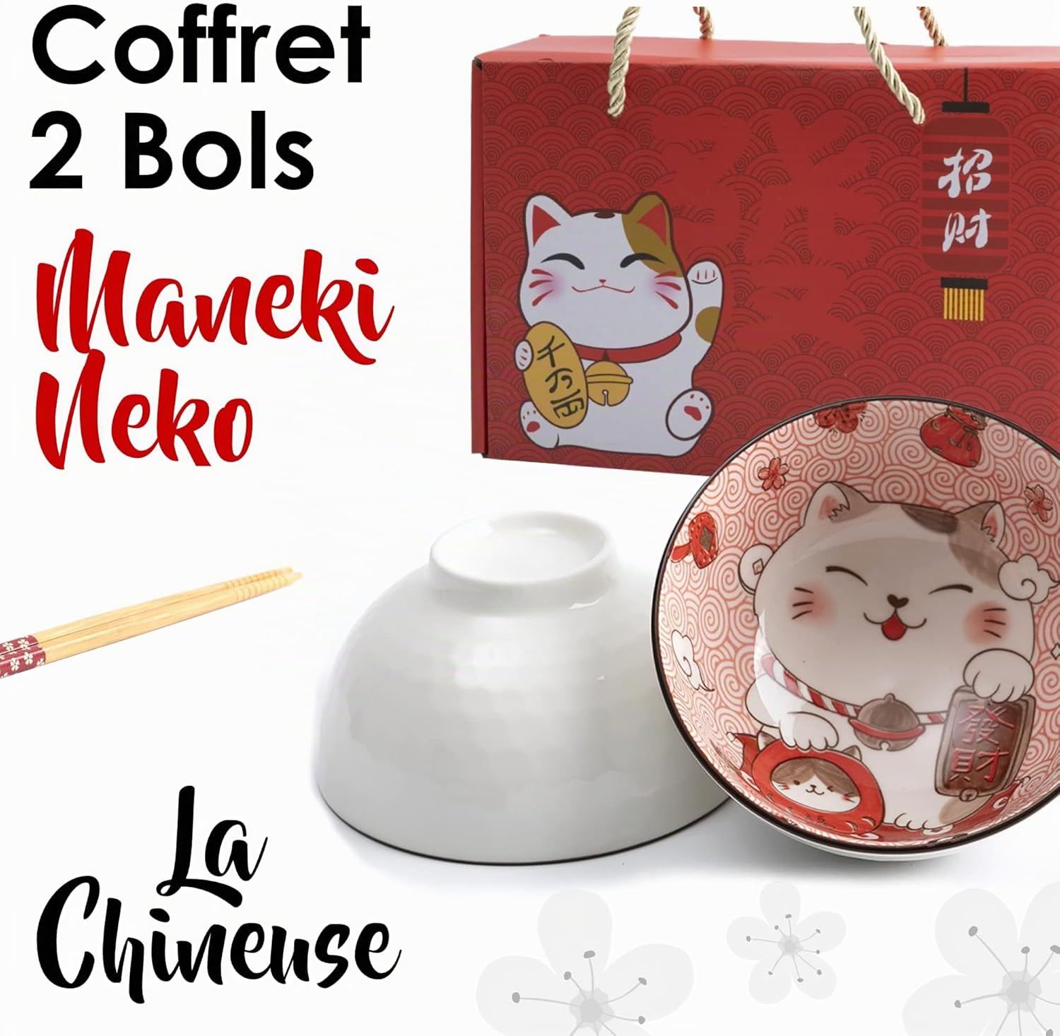 Lachineuse - 2er Set Maneki Neko-Schalen – Müslischalen, Reisschüsseln, Suppenschalen – Japanisches Geschirr aus Porzellan – Geschenckset mit Essstäbchen – Katze Glücksbringer – Japan China Kawai Deko