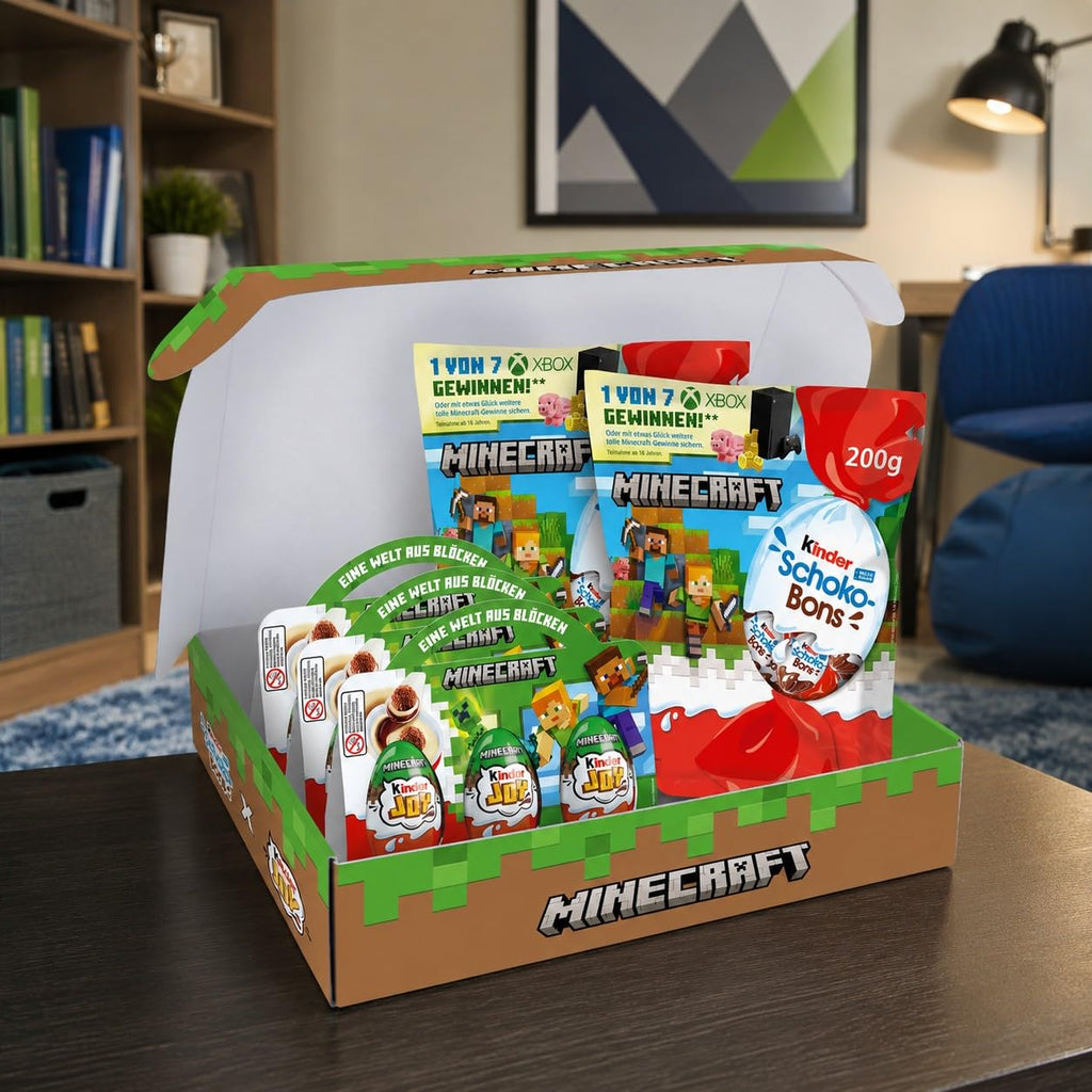 Kinder Minecraft Box – Geschenkbox mit 9 Kinder Joy Eiern, 2 x Kinder Schoko-Bons 200 g und gratis Figuren-Pappaufsteller