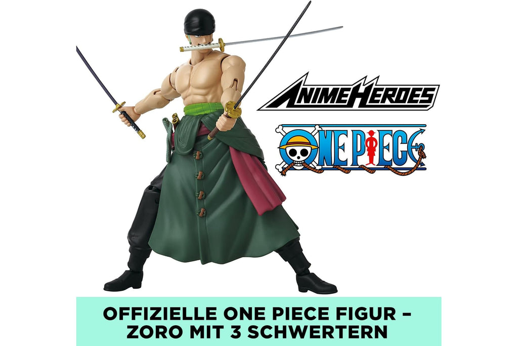 BANDAI – Anime Heroes – One Piece Figur – Lorenor Zorro 17 cm Three Sword Style – Offizielle Lizenz One Piece – Bewegliche Manga Figur Zorro 3 Schwerter – Spielzeug für Kinder ab 4 Jahren – 37052