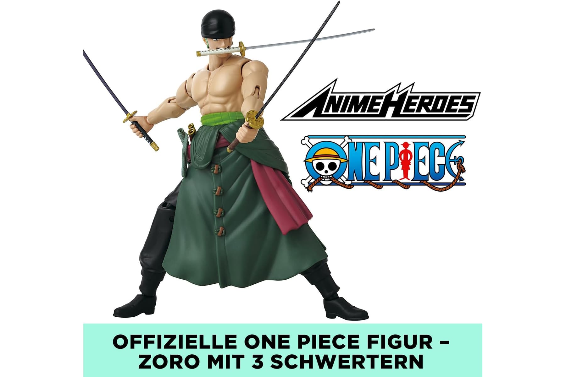 BANDAI – Anime Heroes – One Piece Figur – Lorenor Zorro 17 cm Three Sword Style – Offizielle Lizenz One Piece – Bewegliche Manga Figur Zorro 3 Schwerter – Spielzeug für Kinder ab 4 Jahren – 37052