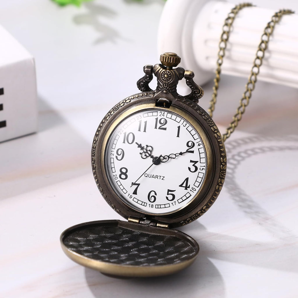 JewelryWe Taschenuhr Herren Damen Vintage: Retro Analog Quarz Kettenuhr Uhr Umhängeuhr mit Halskette Kette Pocket Watch Bronze Unisex Geschenk
