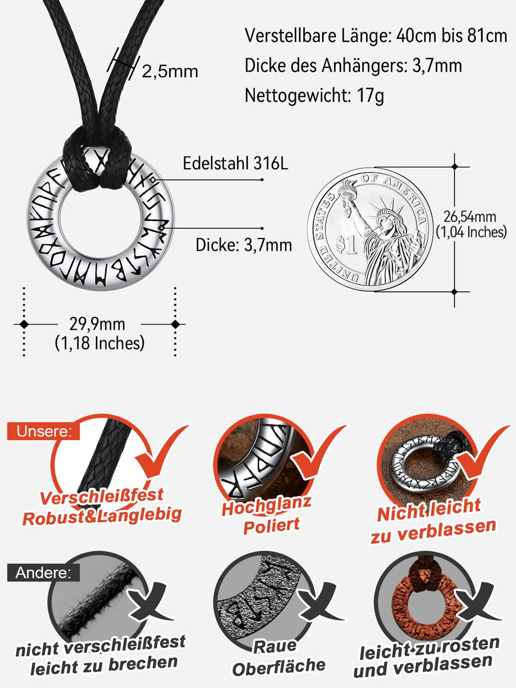 FaithHeart Lederkette Herren Damen Leder Halskette Männer Kette mit Runen Anhänger Edelstahl Lederband mit Mobius Rund/Dreieck/Unendlichkeit Kunstleder Lederhalsband verstellbar Wikinger Schmuck