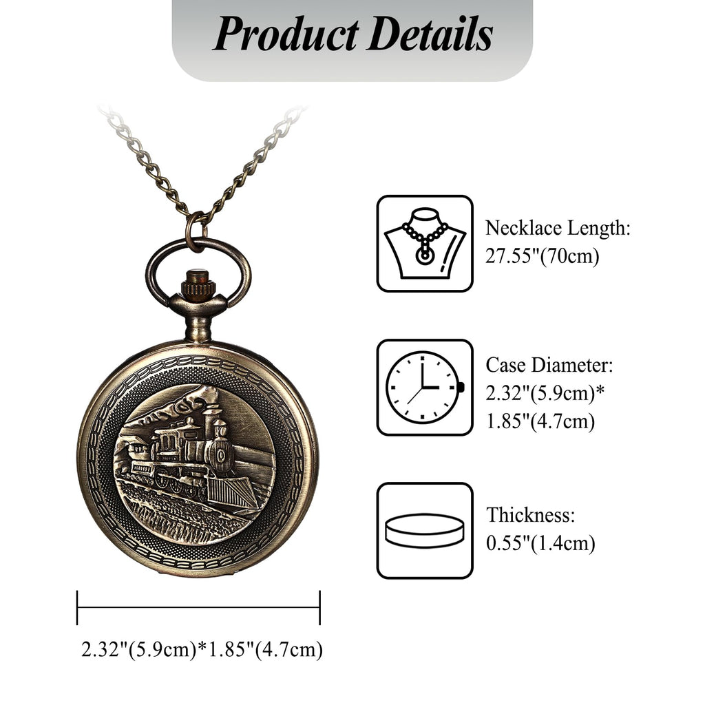 JewelryWe Taschenuhr Herren Damen Vintage: Retro Analog Quarz Kettenuhr Uhr Umhängeuhr mit Halskette Kette Pocket Watch Bronze Unisex Geschenk