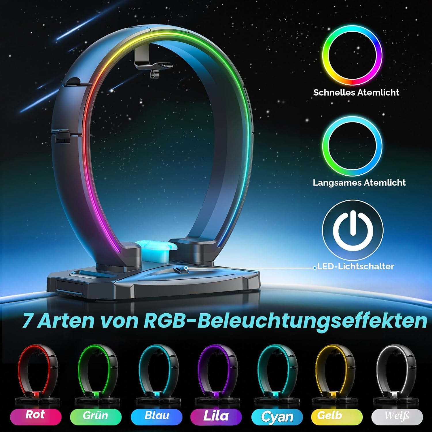 KDD Led Kopfhörer Ständer mit 9 Lichtmodi – Gaming Headset Halterung Schreibtisch – Faltbar Controller Halter mit Kabel Organizer - Headset und Controller Haltrung für Gamer PC Gaming Zubehör