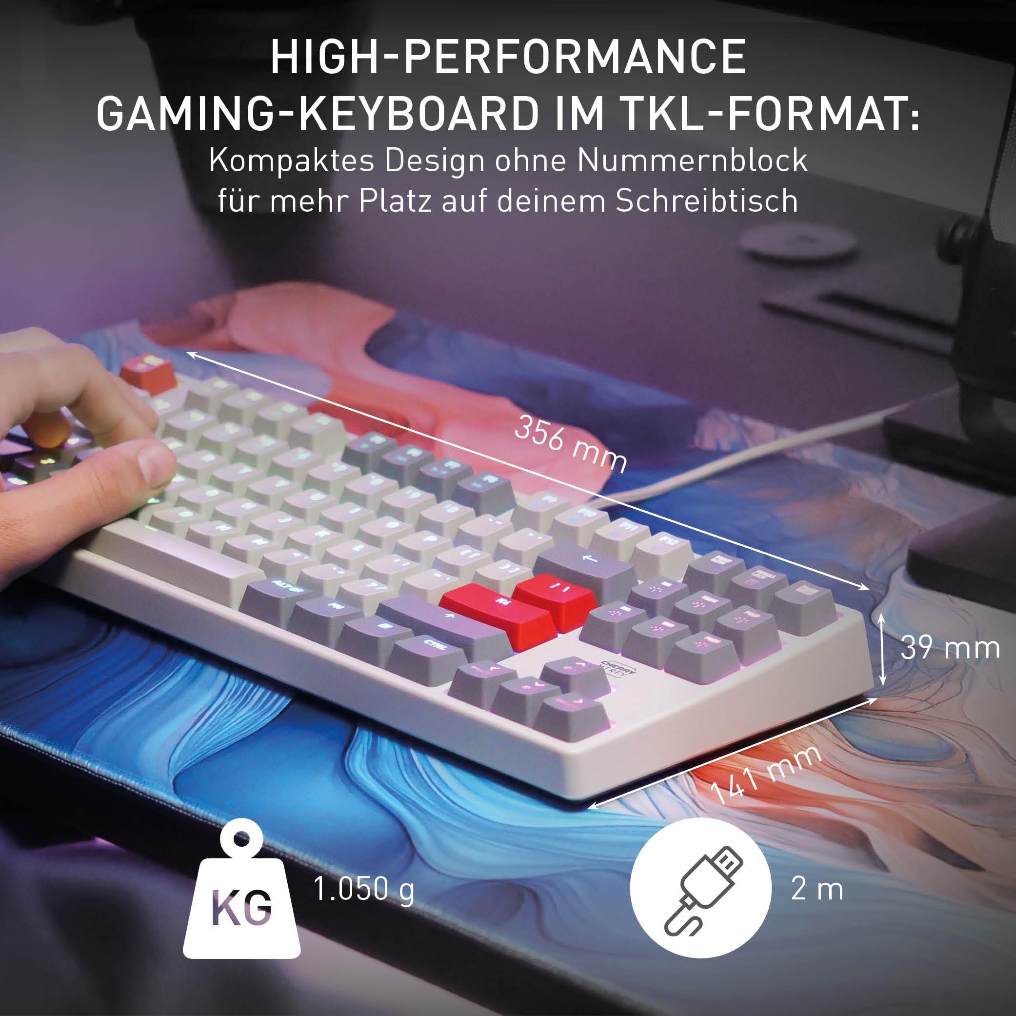 CHERRY XTRFY K4V2 TKL, Kabelgebundene Gaming-Tastatur ohne Nummernblock, Deutsches Layout (QWERTZ), RGB-Beleuchtung, Mechanische MX2A RED Switches, Weiß