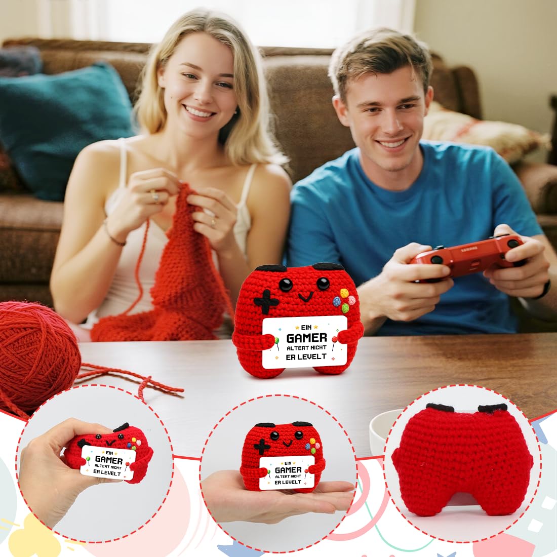 HUKUMA Gehäkelter Gamecontroller, EIN Gamer altert Nicht er levelt, Geschenk zum Geburtstag für Zocker, Pocket Hug Positive Plüsch,Lustige Kleines Geburtstagsgeschenk für Jungen, Nerds und Mädchen