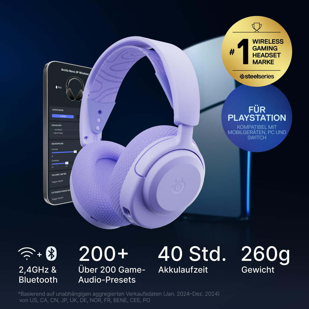 SteelSeries Arctis Nova 3P Wireless - PS5 Headset & PC Gaming Headset – App-Steuerung – 40 Std. Akku – Neodym-Magnet-Treiber – 2,4 GHz/Bluetooth – Abnehmbares Mikrofon – Für PS5, PC, Switch - Schwarz