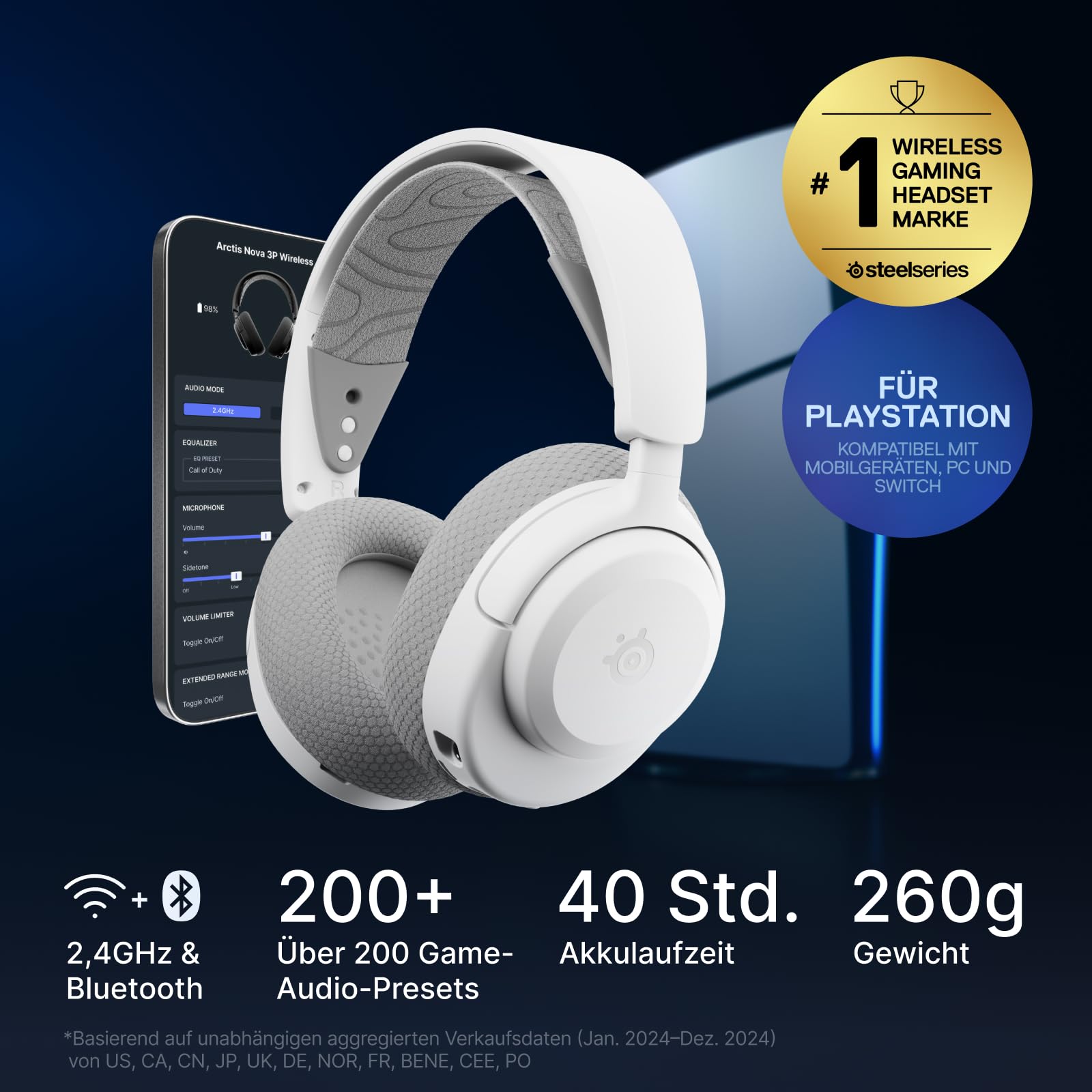 SteelSeries Arctis Nova 3P Wireless - PS5 Headset & PC Gaming Headset – App-Steuerung – 40 Std. Akku – Neodym-Magnet-Treiber – 2,4 GHz/Bluetooth – Abnehmbares Mikrofon – Für PS5, PC, Switch - Schwarz
