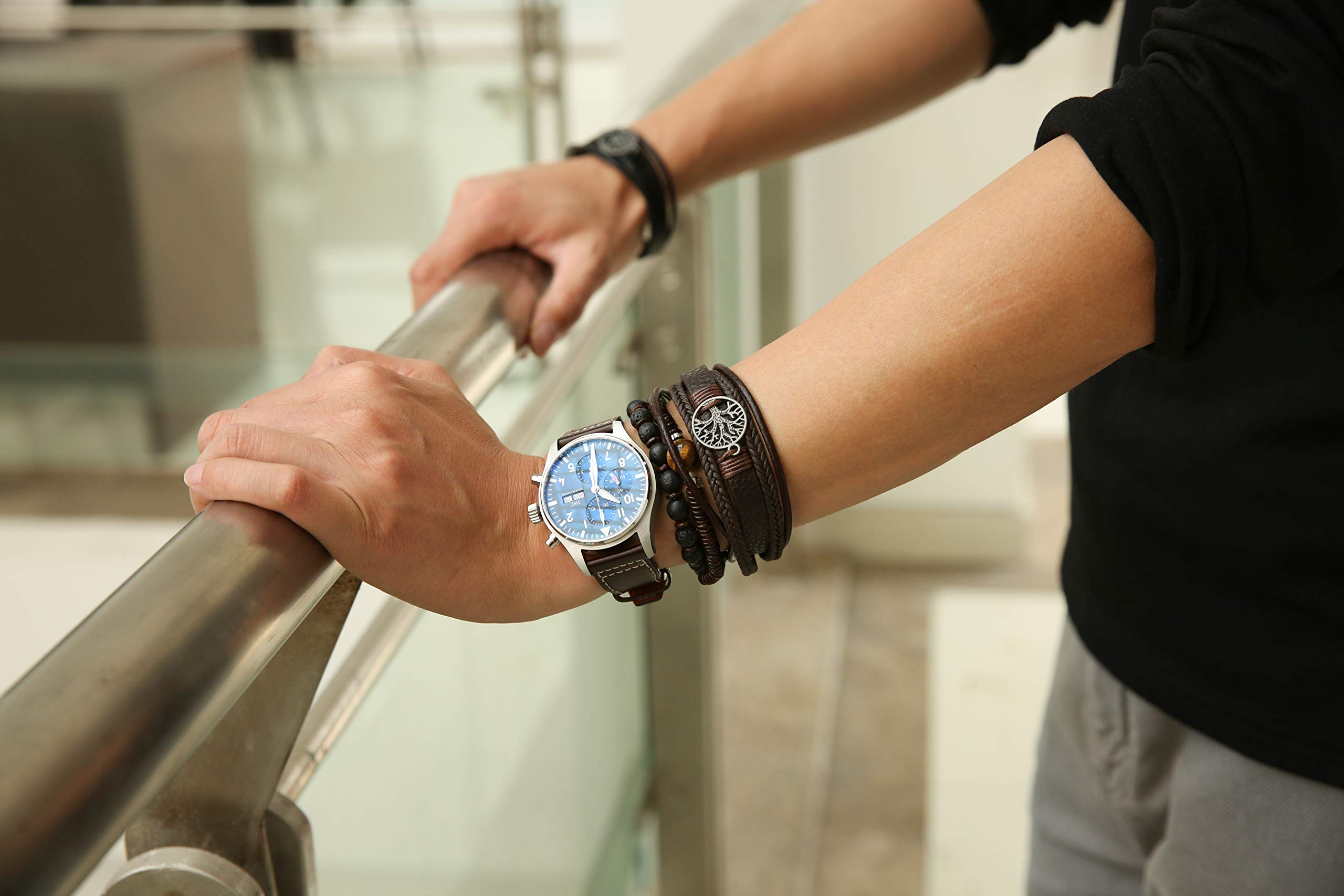 HZMAN Echtes Leder Baum des Lebens Armbänder Männer Frauen, Tigerauge Naturstein Lava Rock Perlen Ethnische Tribal elastische Armbänder Armbänder (2Pcs)