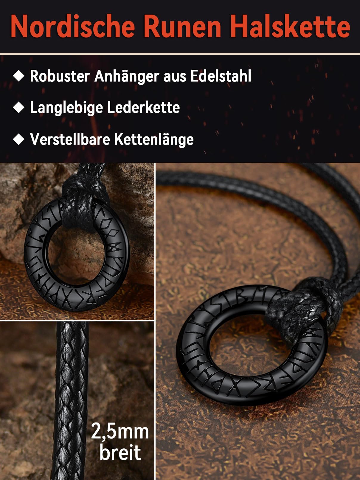 FaithHeart Lederkette Herren Damen Leder Halskette Männer Kette mit Runen Anhänger Edelstahl Lederband mit Mobius Rund/Dreieck/Unendlichkeit Kunstleder Lederhalsband verstellbar Wikinger Schmuck