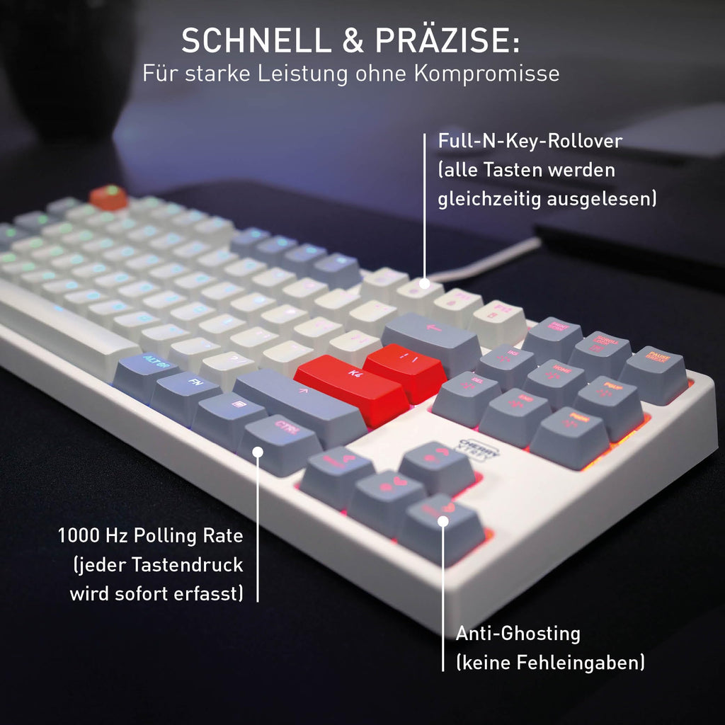 CHERRY XTRFY K4V2 TKL, Kabelgebundene Gaming-Tastatur ohne Nummernblock, Deutsches Layout (QWERTZ), RGB-Beleuchtung, Mechanische MX2A RED Switches, Weiß