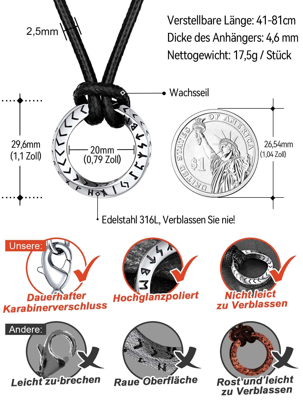 FaithHeart Lederkette Herren Damen Leder Halskette Männer Kette mit Runen Anhänger Edelstahl Lederband mit Mobius Rund/Dreieck/Unendlichkeit Kunstleder Lederhalsband verstellbar Wikinger Schmuck