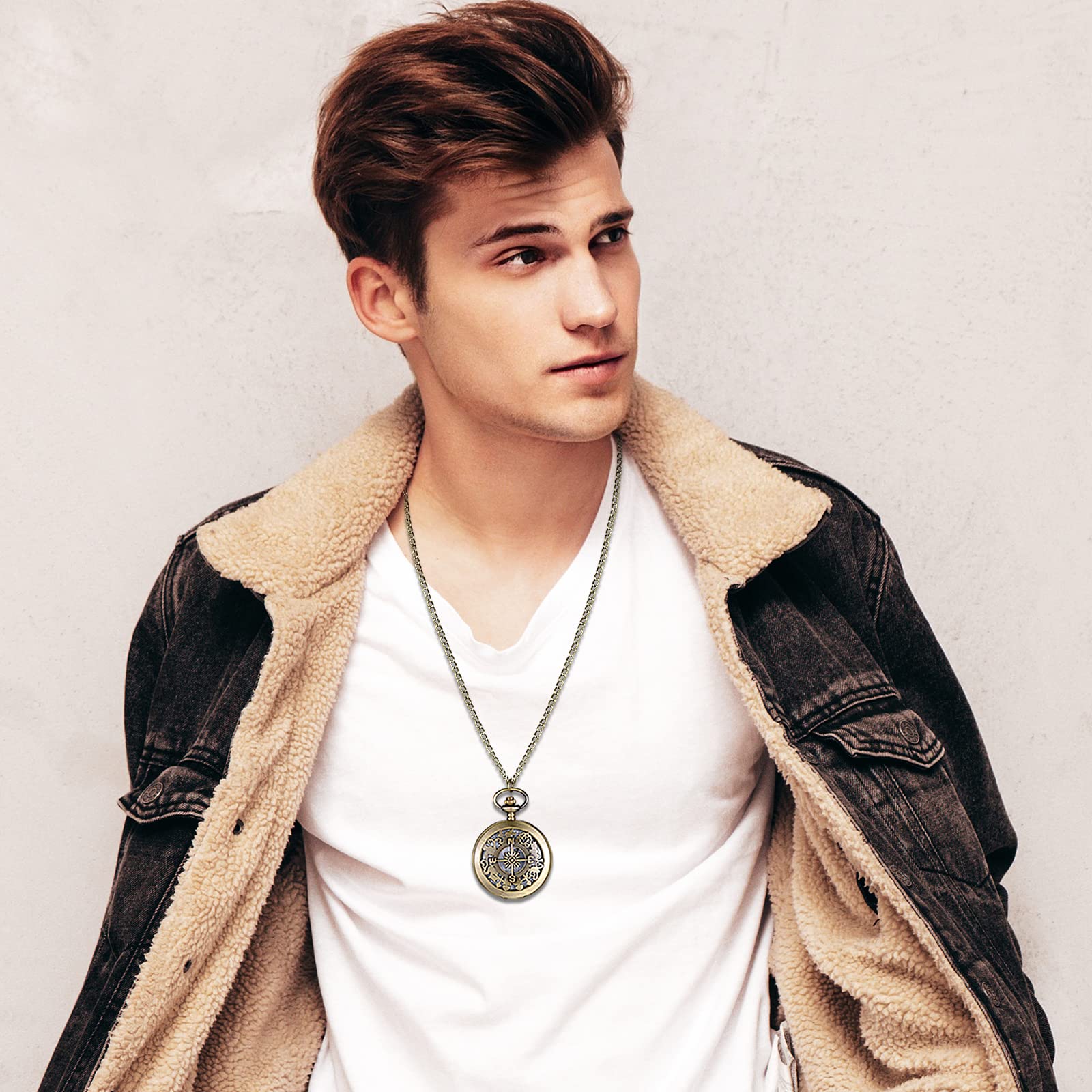 JewelryWe Taschenuhr Herren Damen Vintage: Retro Analog Quarz Kettenuhr Uhr Umhängeuhr mit Halskette Kette Pocket Watch Bronze Unisex Geschenk