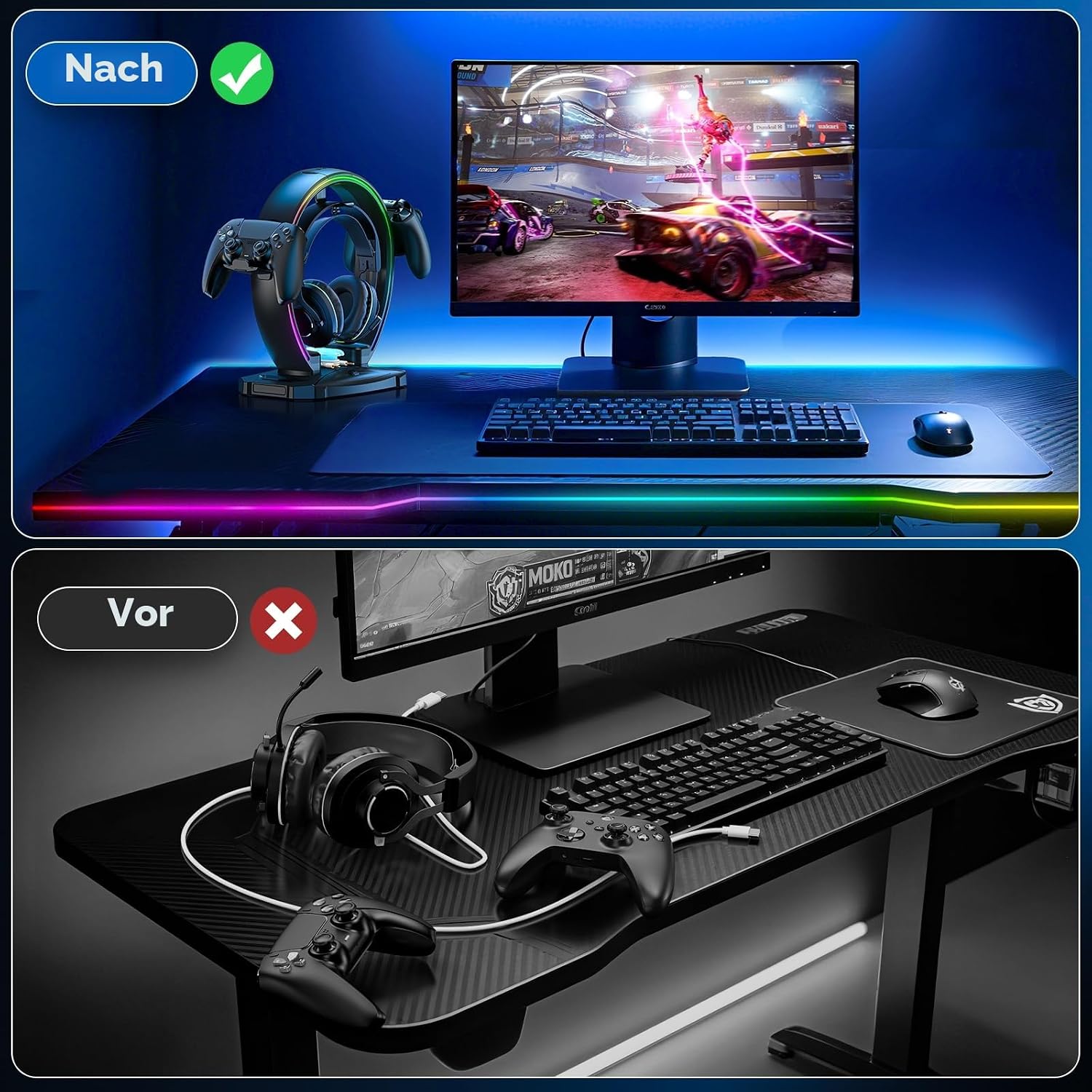 KDD Led Kopfhörer Ständer mit 9 Lichtmodi – Gaming Headset Halterung Schreibtisch – Faltbar Controller Halter mit Kabel Organizer - Headset und Controller Haltrung für Gamer PC Gaming Zubehör