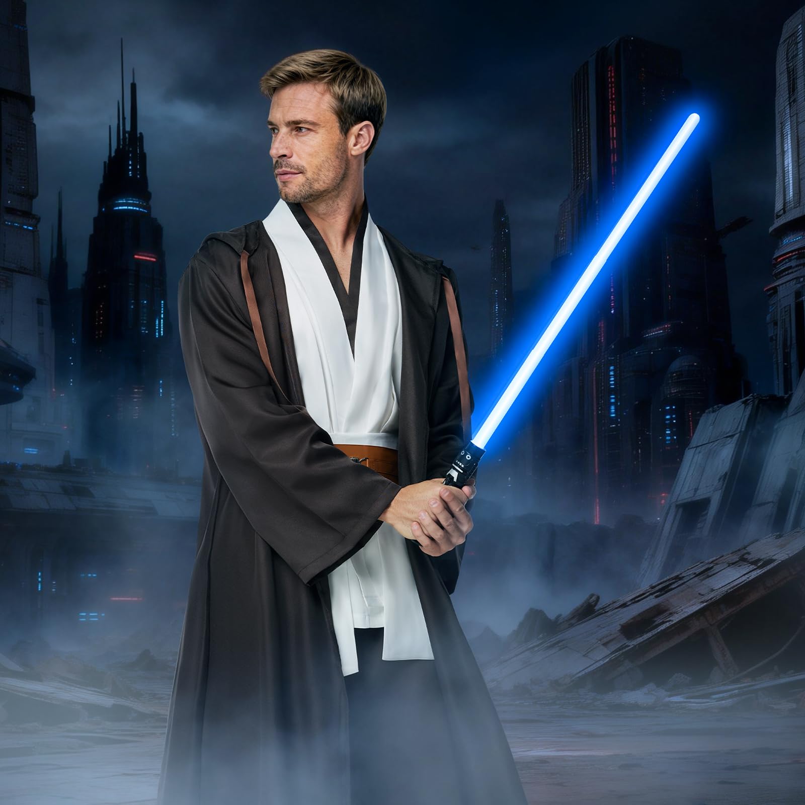 jedi-Kostüm Herren, jedi-Robe Herren Set jedis-Outfit Erwachsene jedis-Kleidung Erwachsene mit Blau Lightsaber, Kapuzenumhang und Mittelalter Tunika für Halloween, Karneval