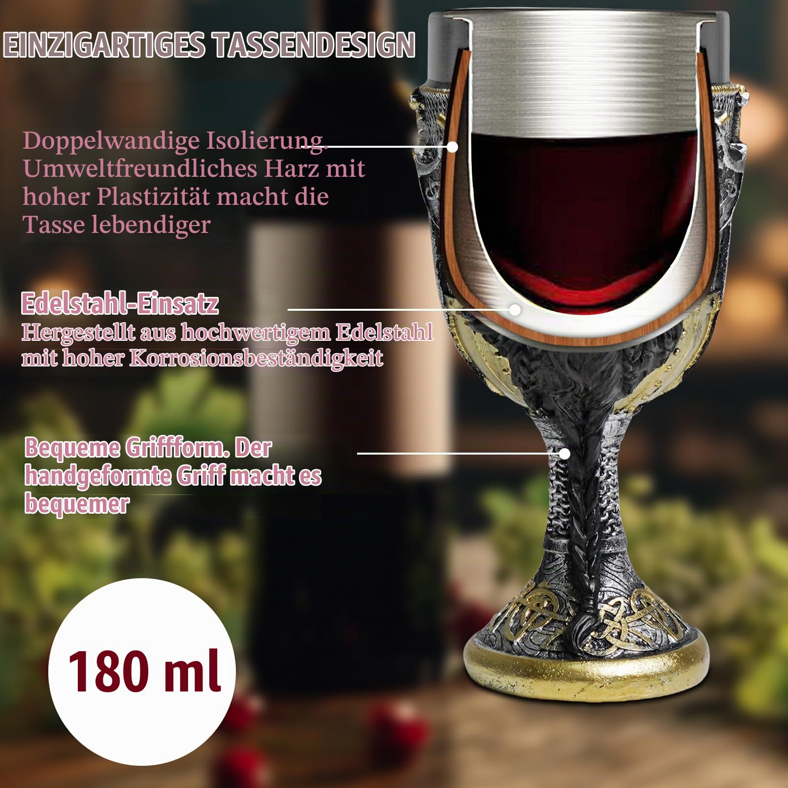 ZONSUSE Mittelalter Drache Kelch, Gotischer Drachen Kelch, Flugsaurier Edelstahl Weinkelch, Roter Drache auf Kreuzsockel, Magischer Dragon Goblet,Idee Geschenk für Fantasy Fans 200ml (Rot Goblet)