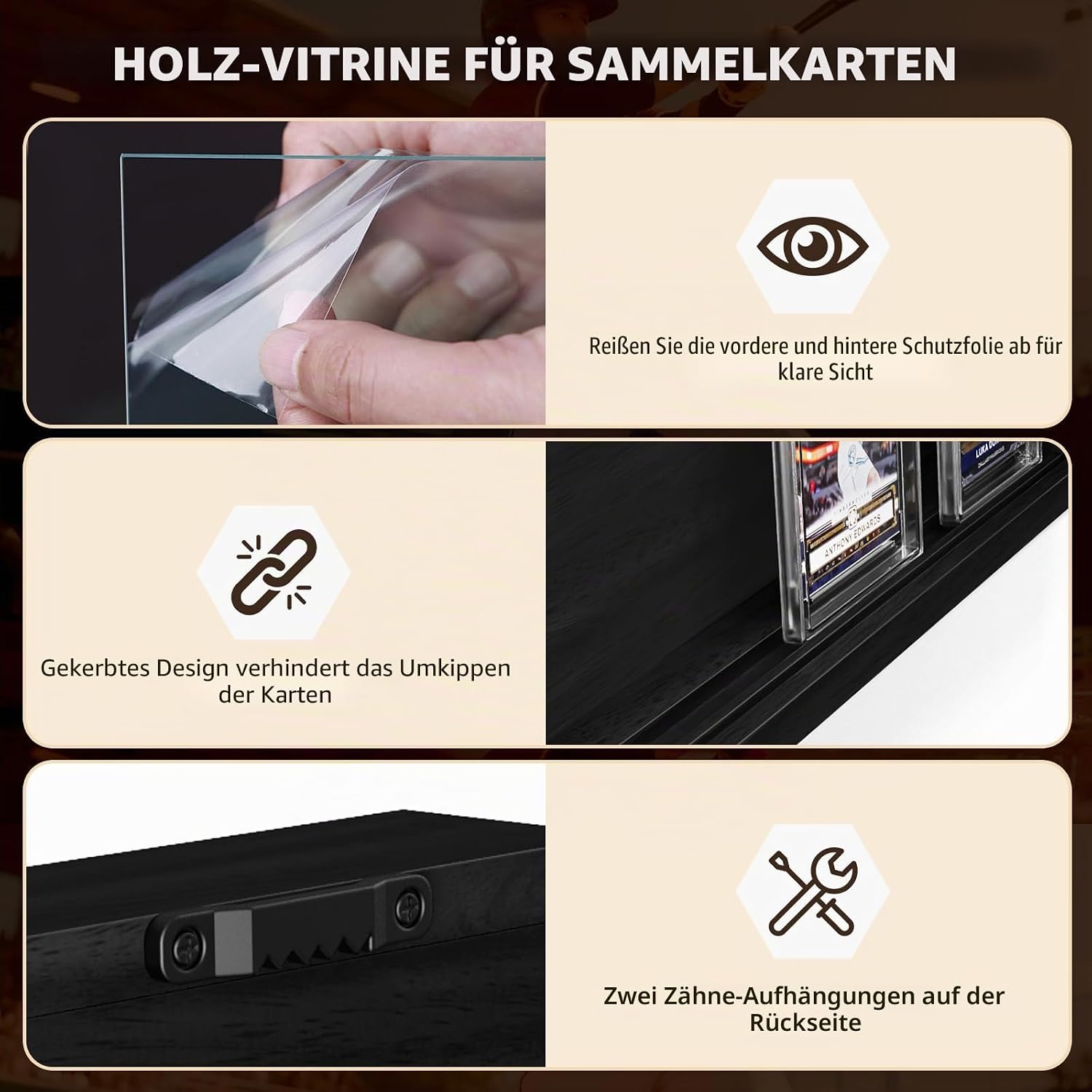 Sammelkarten Display Rahmen Wandmontage, 1er Pack Holz Sportkarten-Vitrine mit Transparent HD, Kartenrahmen Display für Sportkarten & Sammelkarten (Schwarz)