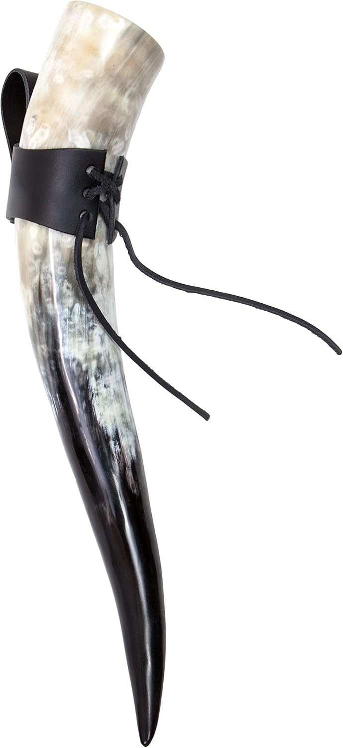 Frera Trinkhorn, 400-490 ml, 0,4-0,49l, Methorn inkl. Gürtelhalter aus Leder in schwarz oder braun, lebensmittelechtes Naturhorn, Naturfarbe, poliert…