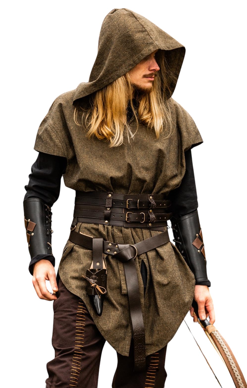 Leonardo Carbone® Herren Tunika Waldläufer Arais | Mit Kapuze | V-Ausschnitt | Karneval, Halloween, Cosplay, LARP, Mittelalter, Kostüm, Gewandung, Kleidung | 100% Baumwolle