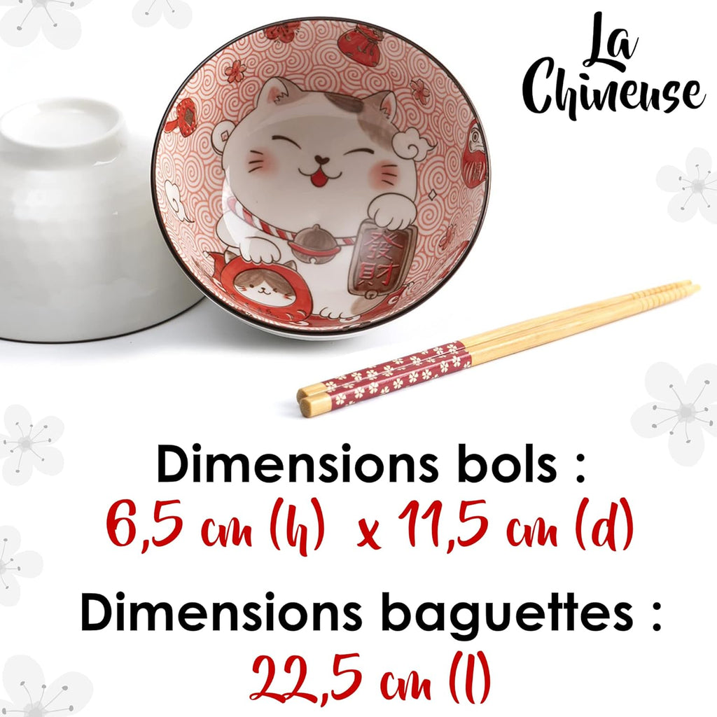 Lachineuse - 2er Set Maneki Neko-Schalen – Müslischalen, Reisschüsseln, Suppenschalen – Japanisches Geschirr aus Porzellan – Geschenckset mit Essstäbchen – Katze Glücksbringer – Japan China Kawai Deko