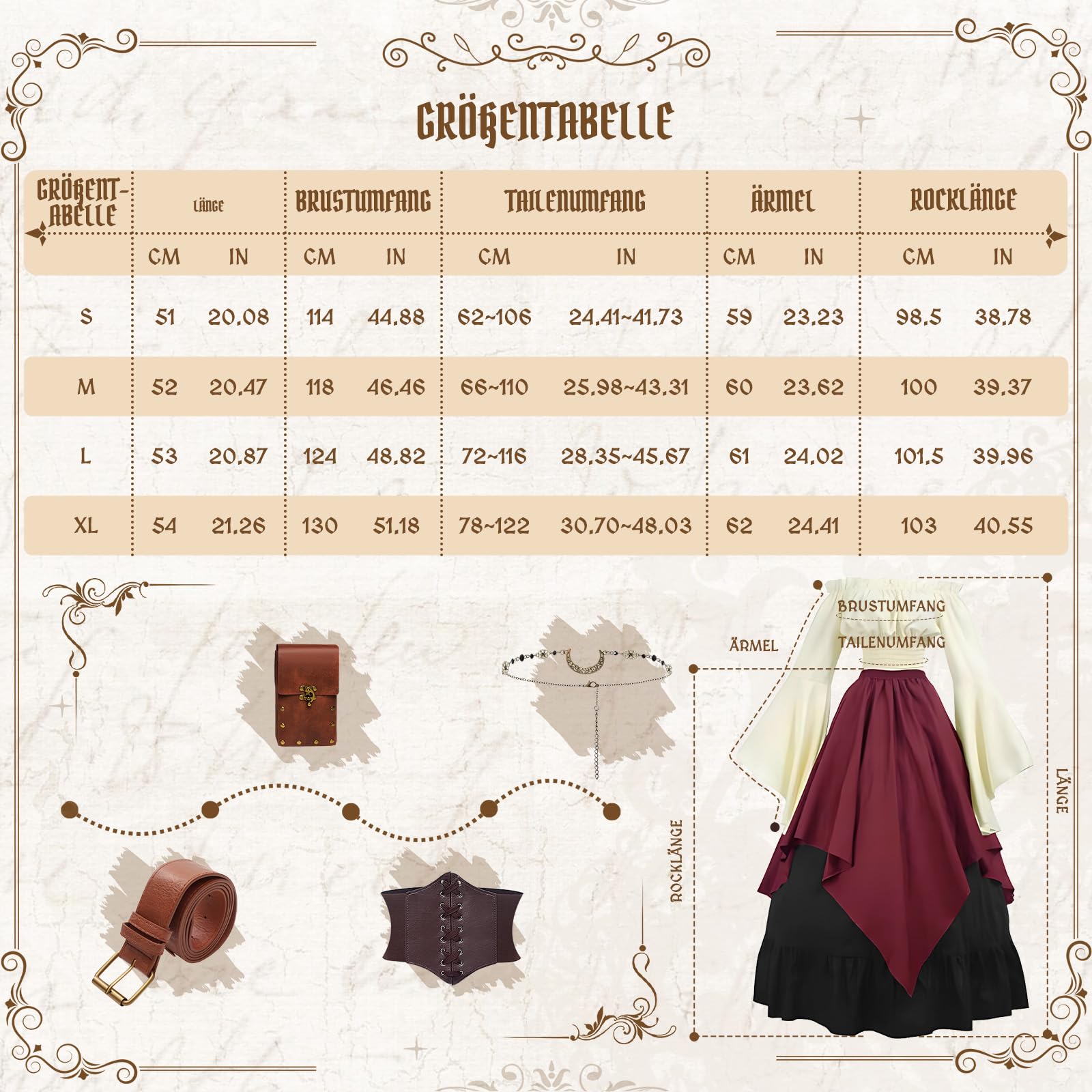 Mittelalter Kleidung Damen, Renaissance Kleid Damen und Off Shoulder Bluse mit Corsett, Gürteltasche, Kopfschmuck, Gürtel, Viktorianisches Kostüm für Halloween Karneval