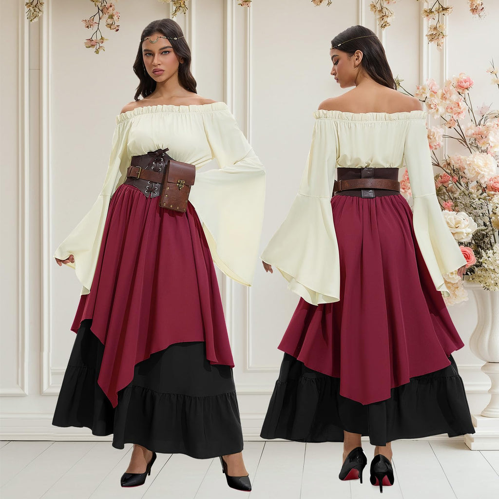 Mittelalter Kleidung Damen, Renaissance Kleid Damen und Off Shoulder Bluse mit Corsett, Gürteltasche, Kopfschmuck, Gürtel, Viktorianisches Kostüm für Halloween Karneval