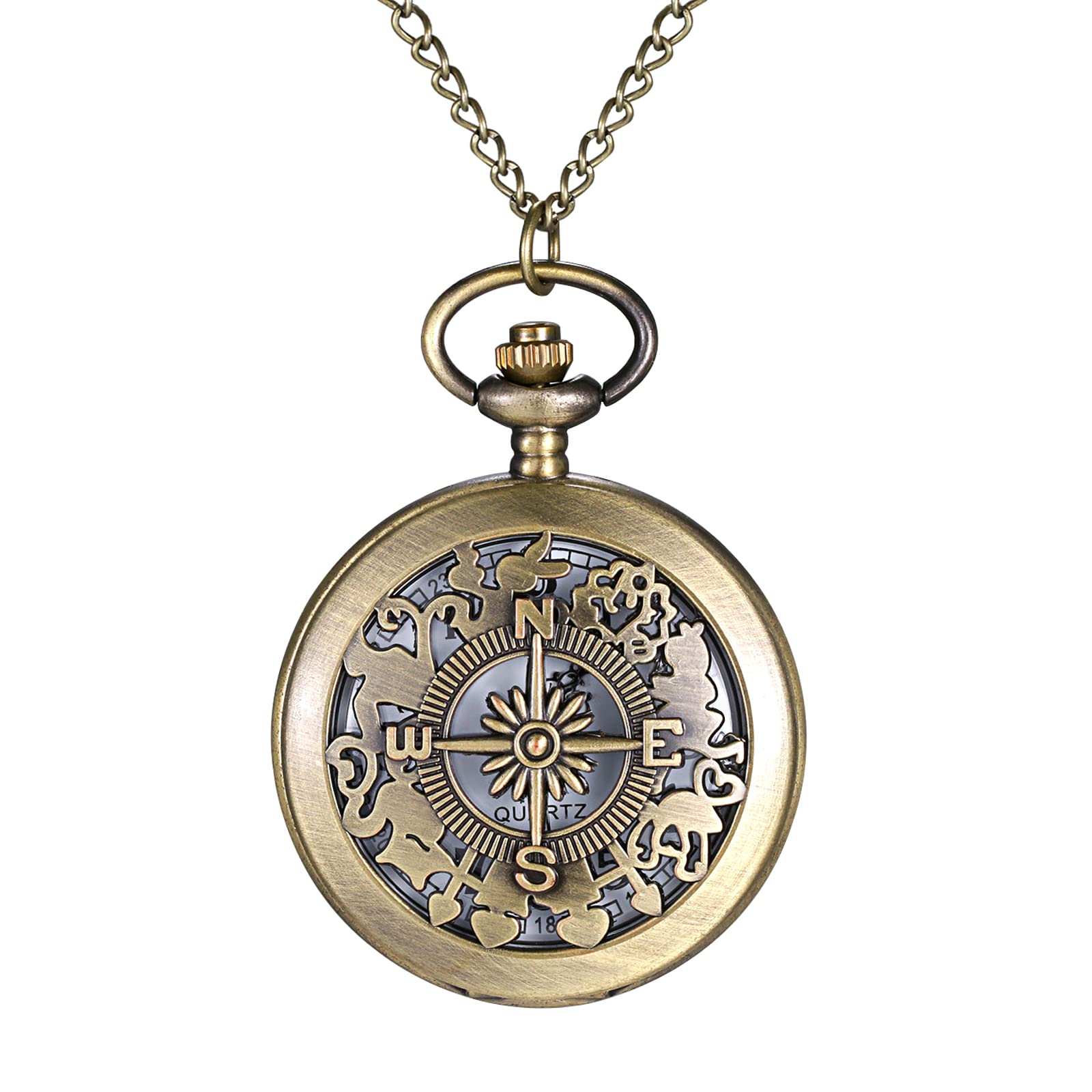 JewelryWe Taschenuhr Herren Damen Vintage: Retro Analog Quarz Kettenuhr Uhr Umhängeuhr mit Halskette Kette Pocket Watch Bronze Unisex Geschenk
