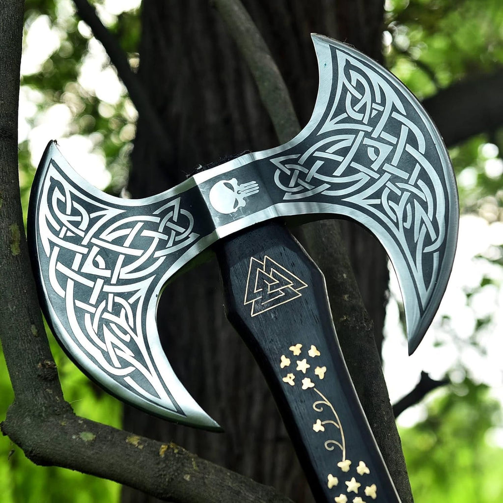 Handgeschmiedet Wikinger Doppelaxt mit Lederscheide. Large Norse Axe, Geschenkidee für Männer – Handgeschmiedete Doppelkopf-Wikinger-Axt aus Kohlenstoffstahl für Outdoor, Camping, Jagd, Deko
