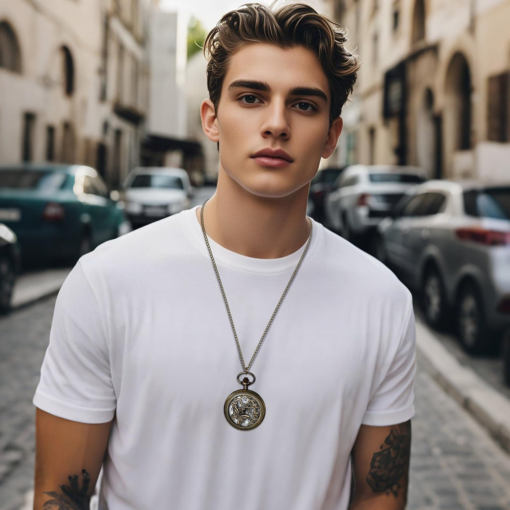 JewelryWe Taschenuhr Herren Damen Vintage: Retro Analog Quarz Kettenuhr Uhr Umhängeuhr mit Halskette Kette Pocket Watch Bronze Unisex Geschenk
