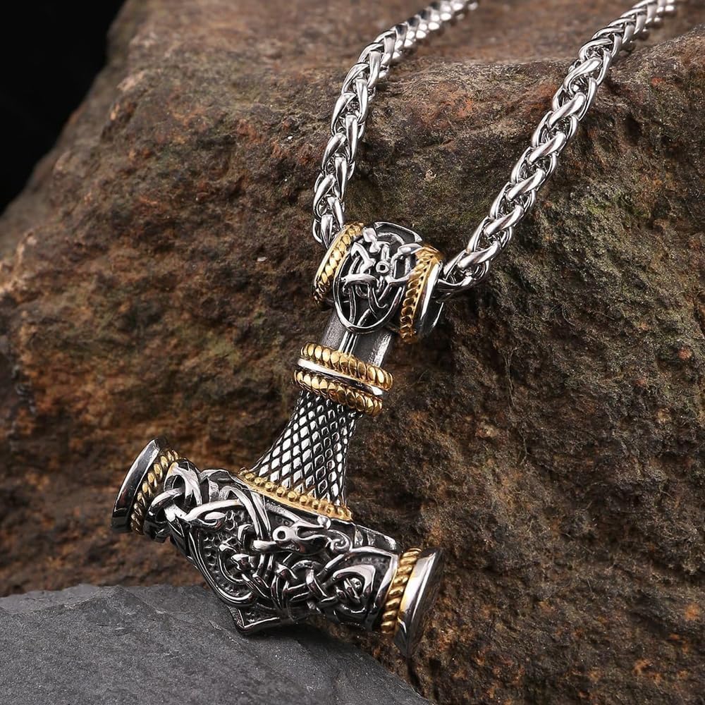 Thor Hammer Anhänger, Wikinger Kette für Herren, Keltischer Knoten, 60cm Kette