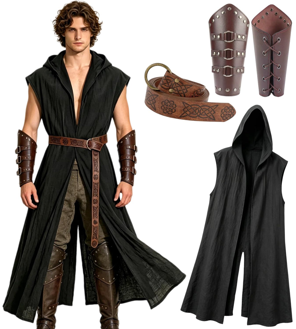 kasahara Mittelalter Kleidung Herren Set, Ärmellose WESTE Umhang mit Kapuze Renaissance Kostüm Damen Wikinger Ritter Outfit für Halloween Karneval Unisex Erwachsene Faschingskostüme