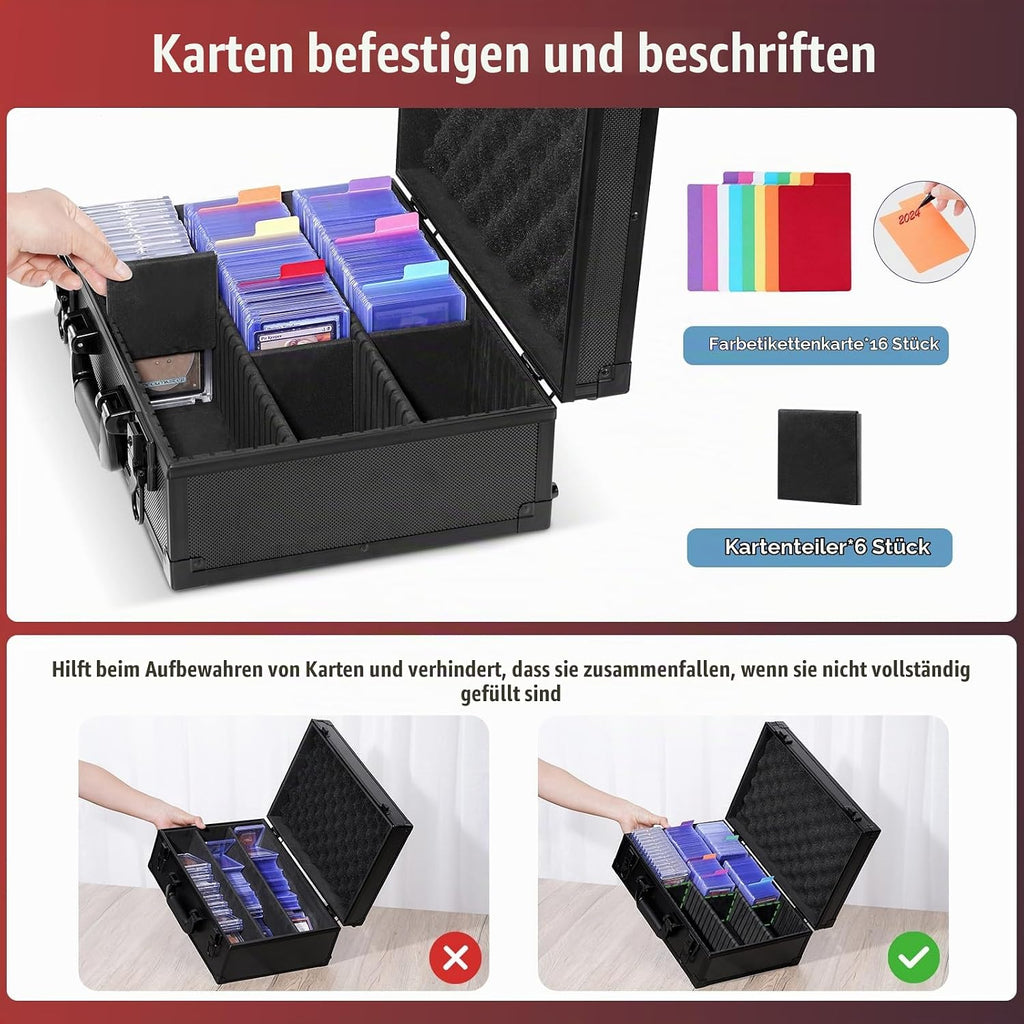 ProCase Stoßfest Toploader Sammelkarten Aufbewahrungsbox, Aluminiumstruktur-Schließfach mit Verstellbaren Teiler für 600+ Toploader, Magnetkartenhalter, MTG, TCG, Yugioh, Sportkarten -Schwarz