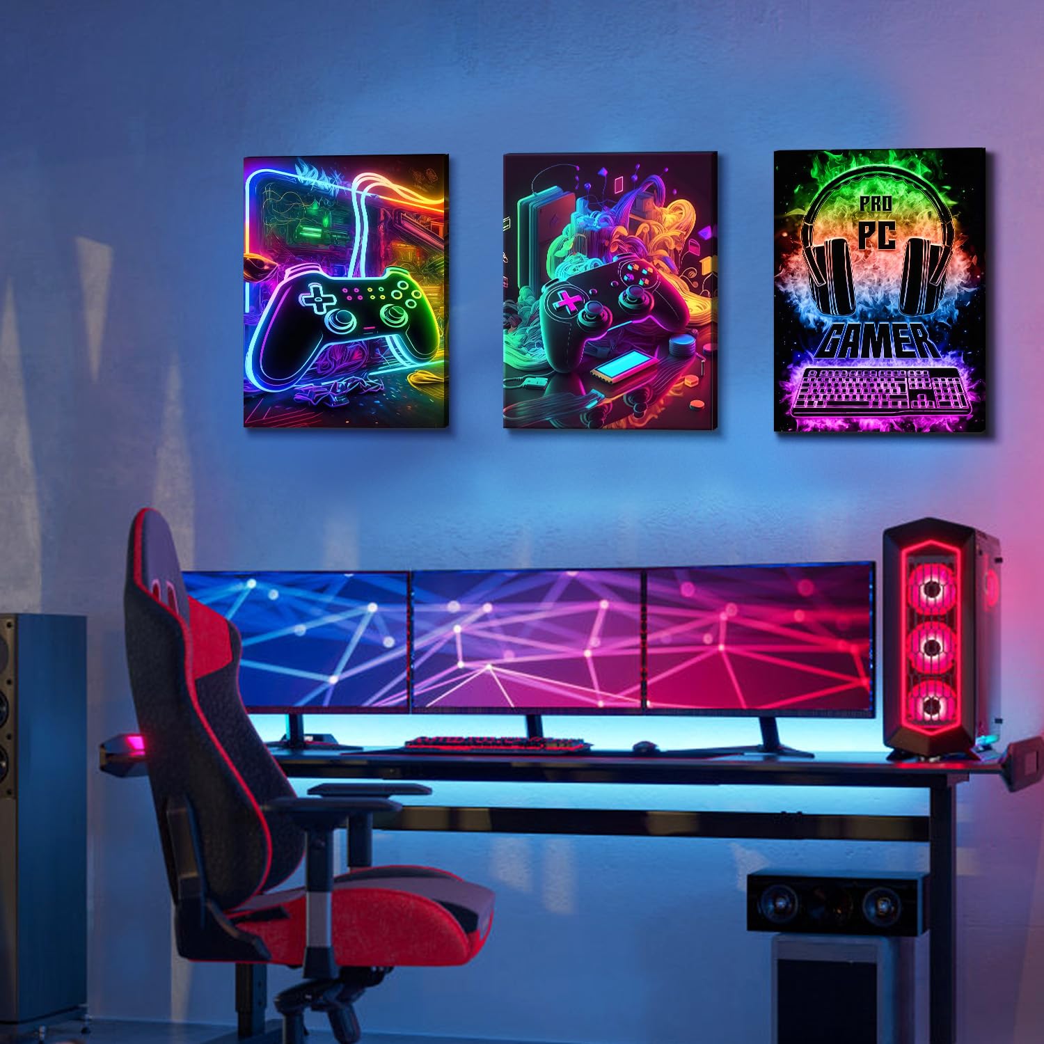 Dazzlewall 3Pcs Spiel WandBilder Cool Neon Gaming Bilder für Teen Jungen Zimmer Schlafsaal Spiel Zimmer Dekor 30×40 cm Ungerahmt