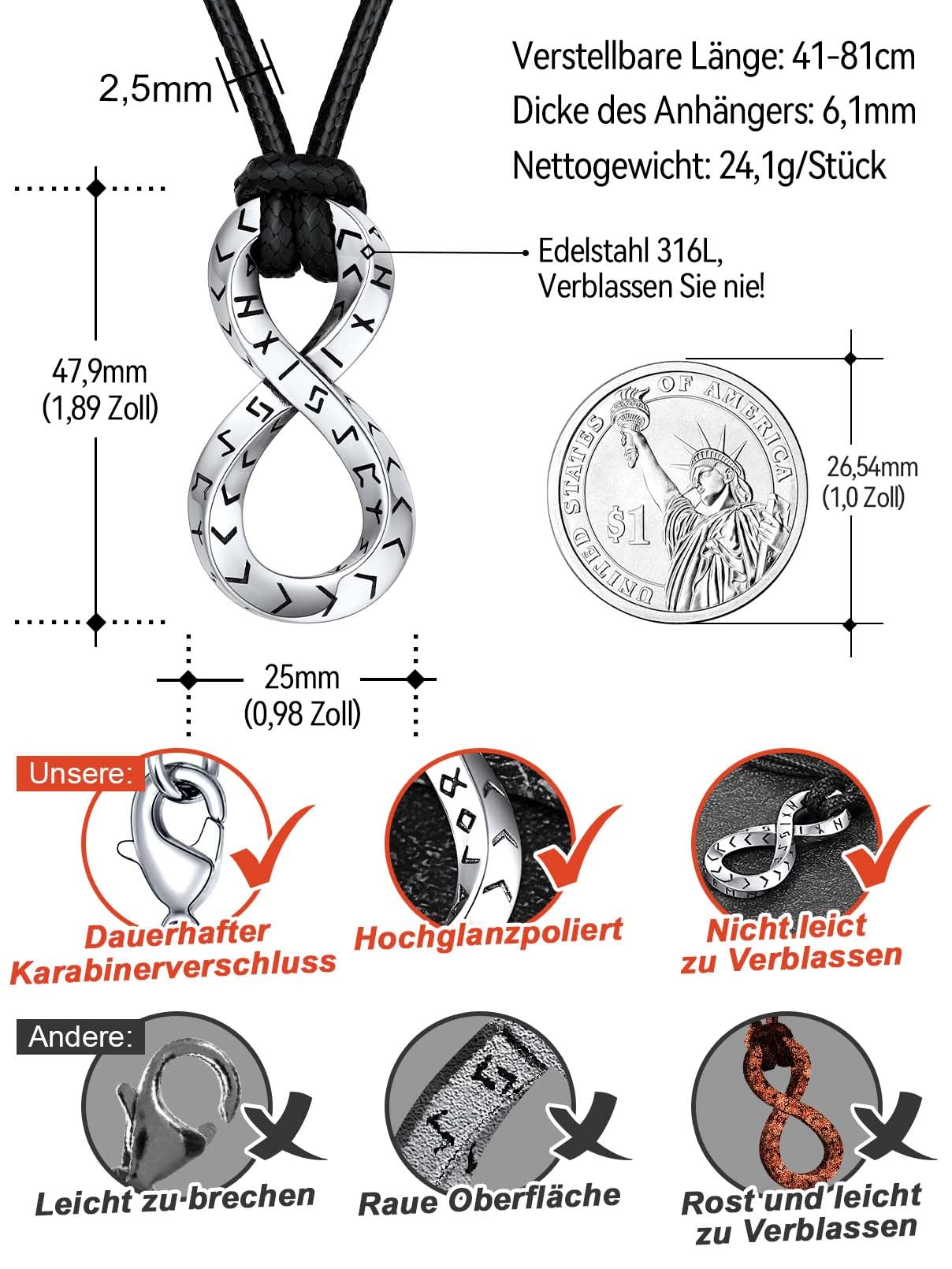 FaithHeart Lederkette Herren Damen Leder Halskette Männer Kette mit Runen Anhänger Edelstahl Lederband mit Mobius Rund/Dreieck/Unendlichkeit Kunstleder Lederhalsband verstellbar Wikinger Schmuck