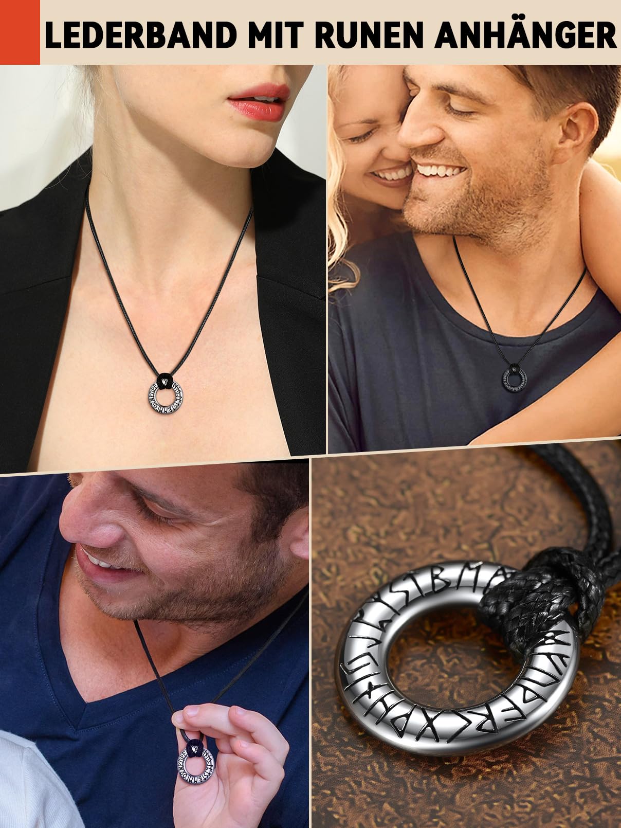 FaithHeart Lederkette Herren Damen Leder Halskette Männer Kette mit Runen Anhänger Edelstahl Lederband mit Mobius Rund/Dreieck/Unendlichkeit Kunstleder Lederhalsband verstellbar Wikinger Schmuck