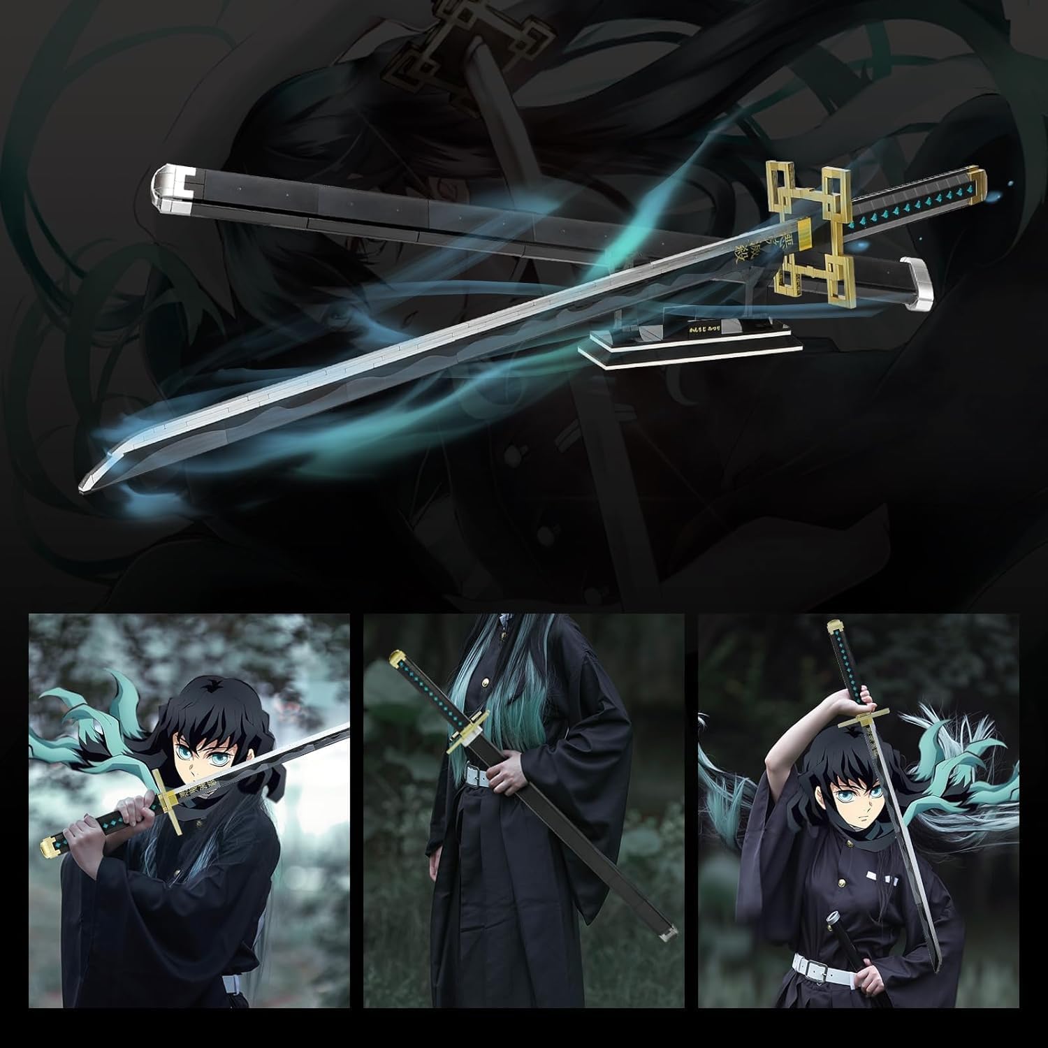 TOY PLAYER Demon Slayer Schwerter Bausätze für Erwachsene 100 cm langes Tokitou Muichirou Schwert mit Scheide und Ständer, Anime-Schwertbausatz, Katana, Demon Slayer, Geschenk, 771 Teile