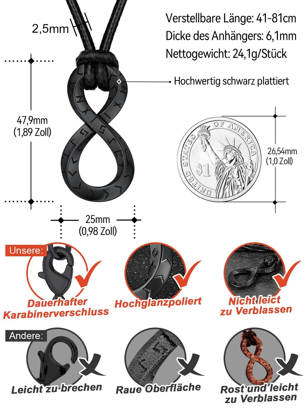 FaithHeart Lederkette Herren Damen Leder Halskette Männer Kette mit Runen Anhänger Edelstahl Lederband mit Mobius Rund/Dreieck/Unendlichkeit Kunstleder Lederhalsband verstellbar Wikinger Schmuck