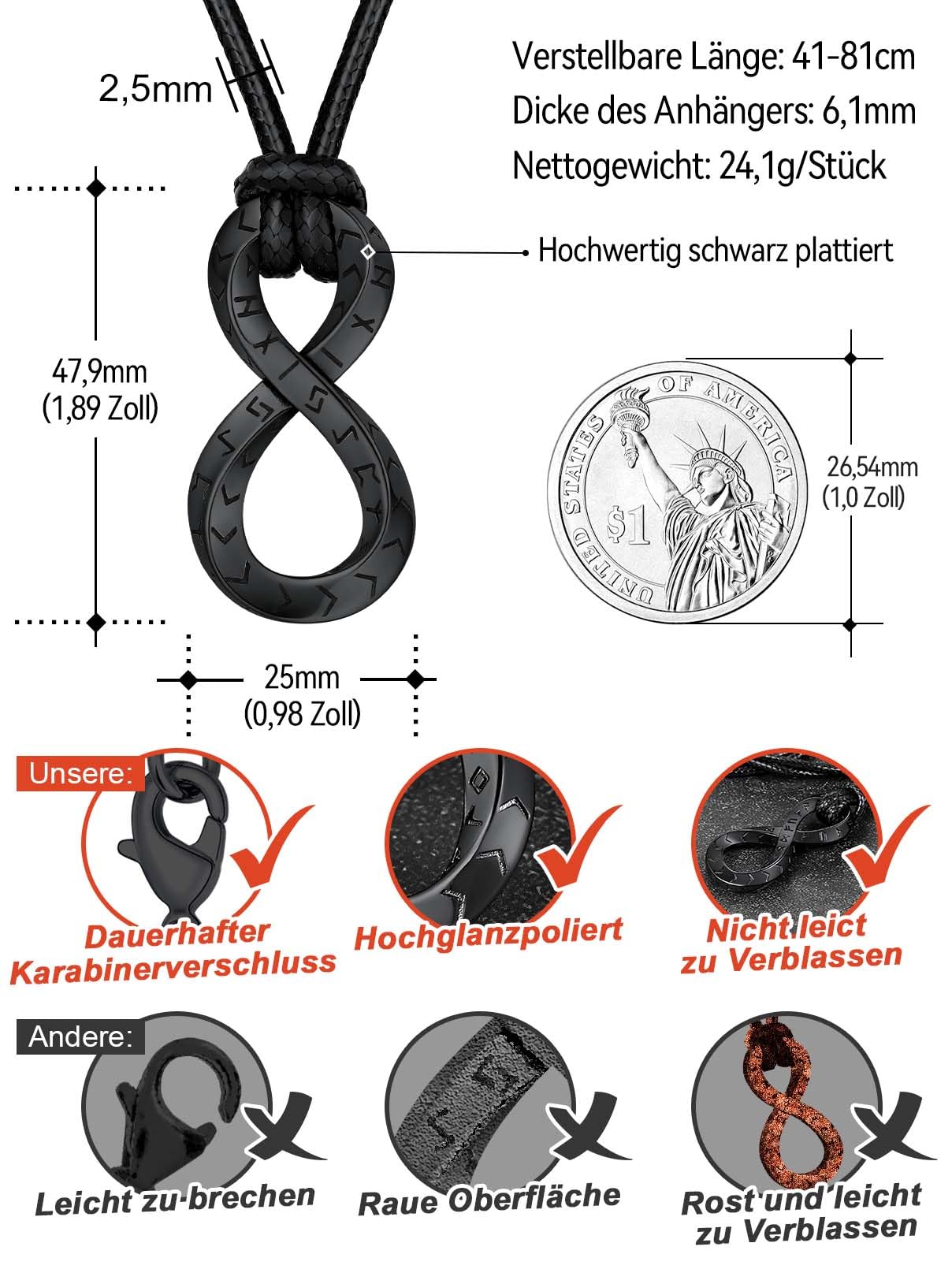 FaithHeart Lederkette Herren Damen Leder Halskette Männer Kette mit Runen Anhänger Edelstahl Lederband mit Mobius Rund/Dreieck/Unendlichkeit Kunstleder Lederhalsband verstellbar Wikinger Schmuck