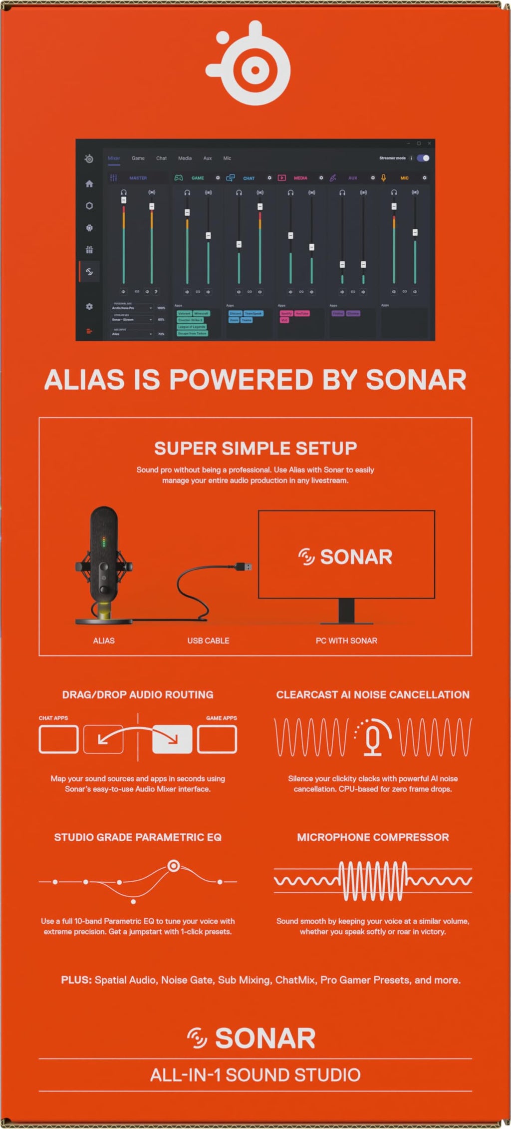 SteelSeries Alias Pro Kit – XLR-Mikrofon + Stream-Mixer – 3 Mal größere Kapsel fürs Gaming, Streaming und Podcasting – USB/XLR-Schnittstelle – Benutzerdefinierte Steuerung – RGB – Einzel- oder Dual-PC